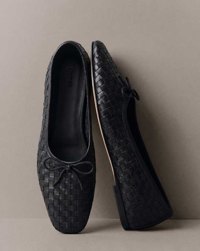 Black<br>Italian Leather Handwoven Square Toe Ballet Flat