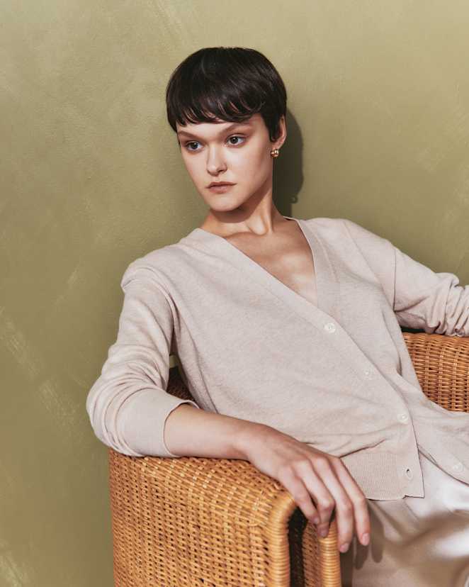 Heather Oatmeal<br>Lightweight Cotton Cashmere Cardigan