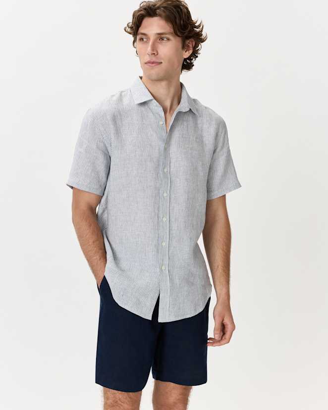 Blue Pinstripe<br>100% European Linen Relaxed Short Sleeve Shirt