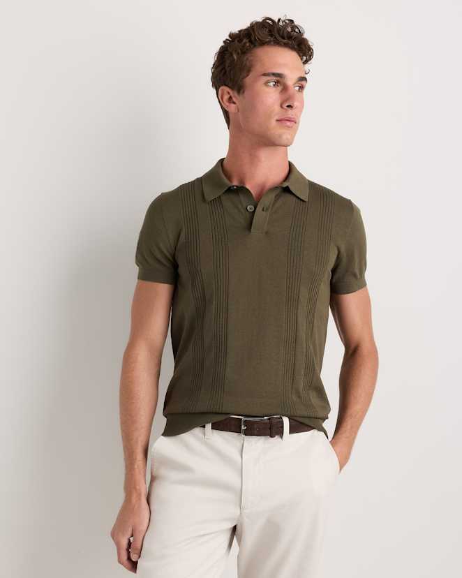 Bayberry Olive<br>Cotton-Silk Ribbed Short Sleeve Sweater Polo