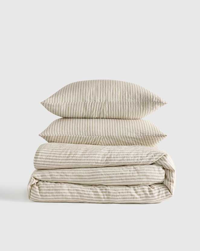 Willowleaf/White Stripe<br>European Linen Stripe Duvet Cover Set