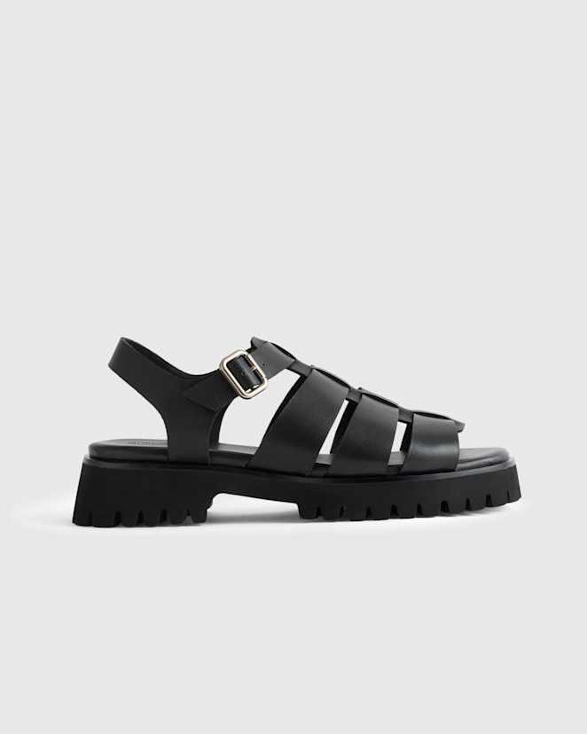 Black<br>Italian Leather Lug Sole Fisherman Sandal