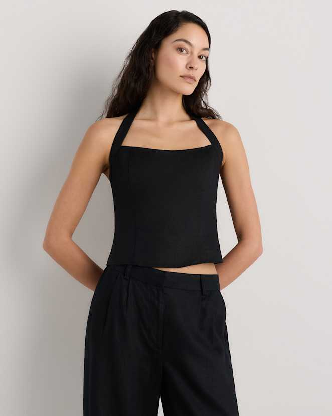 Black<br>100% European Linen Halter Top