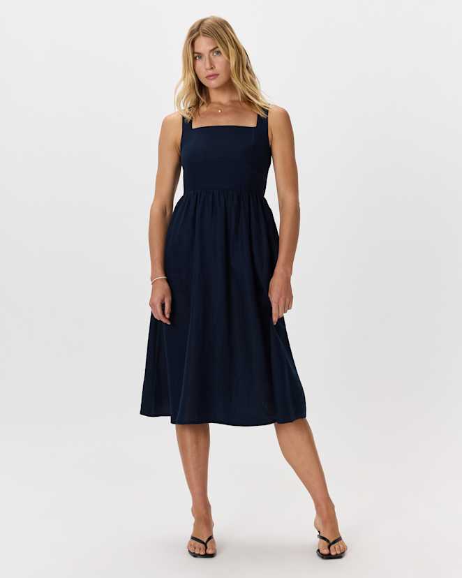 Deep Navy<br>100% European Linen Fit & Flare Midi Dress