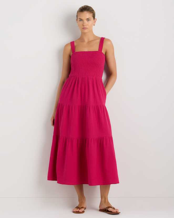 Amaranth Pink<br>100% Organic Cotton Gauze Smocked Sleeveless Maxi Dress