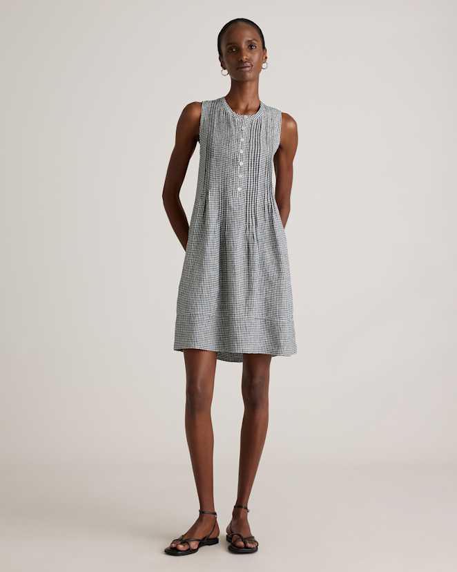 Classic Mini Gingham<br>100% European Linen Sleeveless Swing Dress