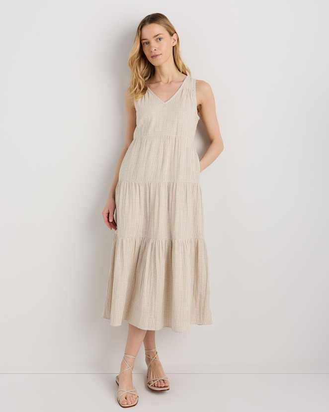 Khaki Gingham<br>100% Organic Cotton Gauze Tiered Maxi Dress