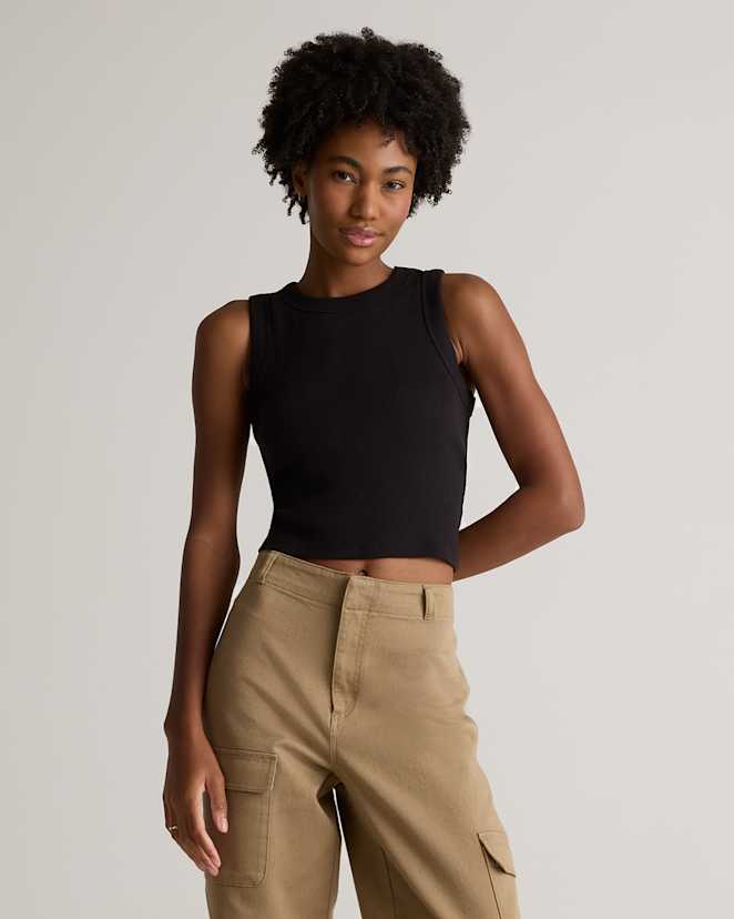 Black<br>Organic Cotton Micro-Rib Cropped Cutaway Tank