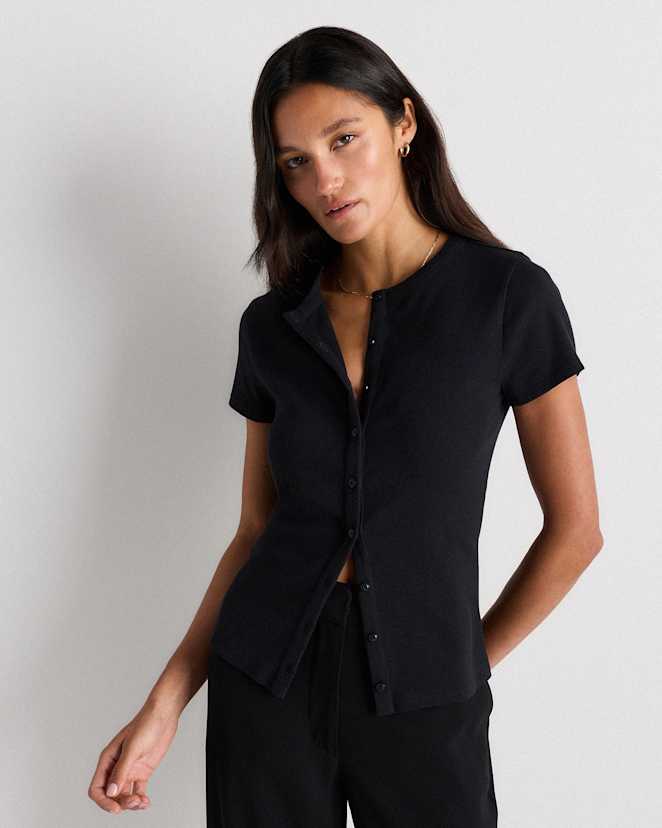 Black<br>Organic Cotton Micro-Rib Button Tee