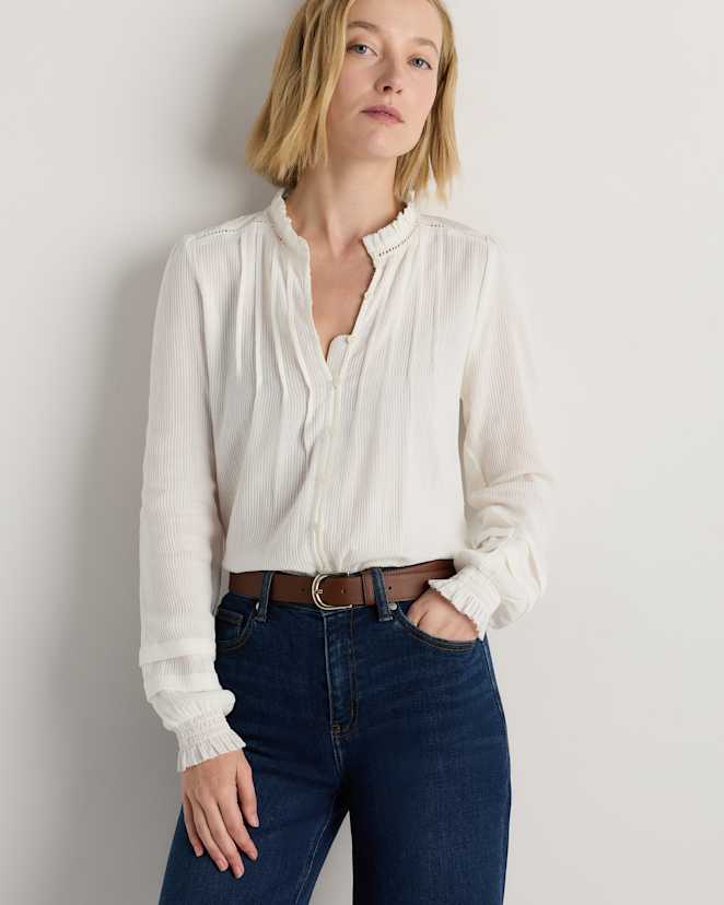 White<br>Organic Textured Cotton Peasant Blouse