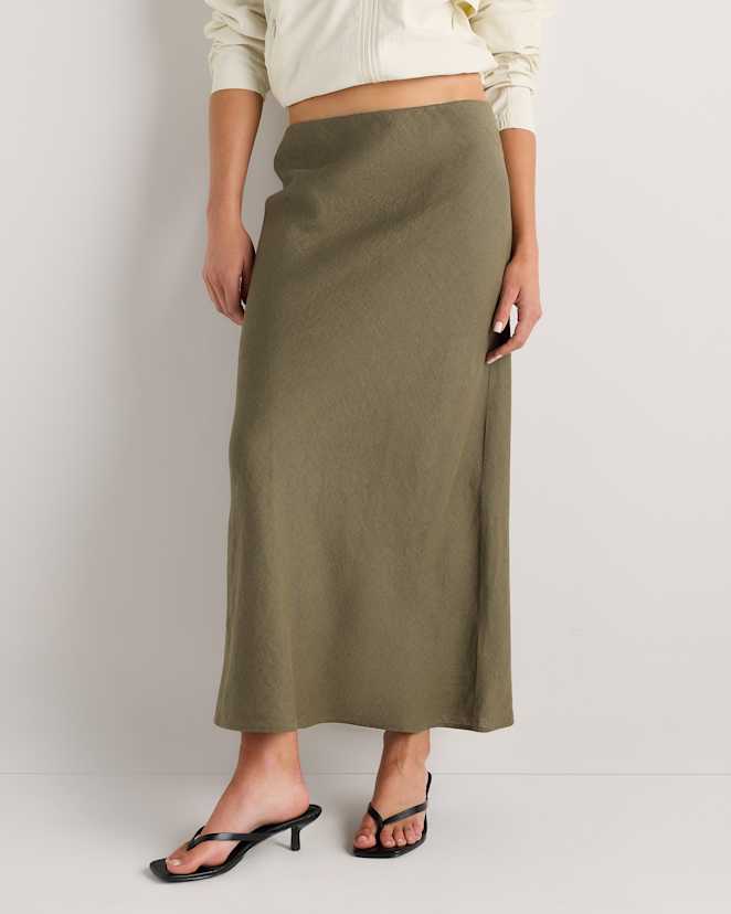 Bayberry Olive<br>100% European Linen Midi Slip Skirt