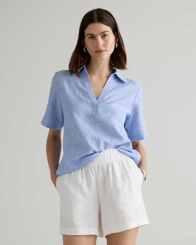 French Blue<br>100% European Linen Short Sleeve Popover Top